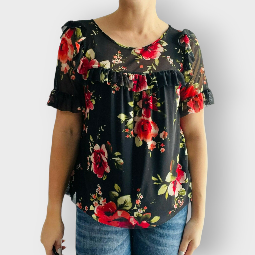 Sunday in Brooklyn Fabiana Floral Top Blouse Black Red Ruffles Sheer Scoop XS